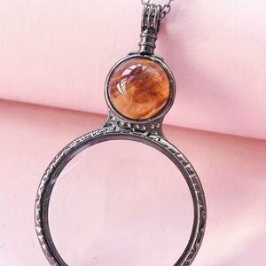 Amber Gemstone Magnifying Glass Pendant Necklace Reading Glasses Chain Crystal